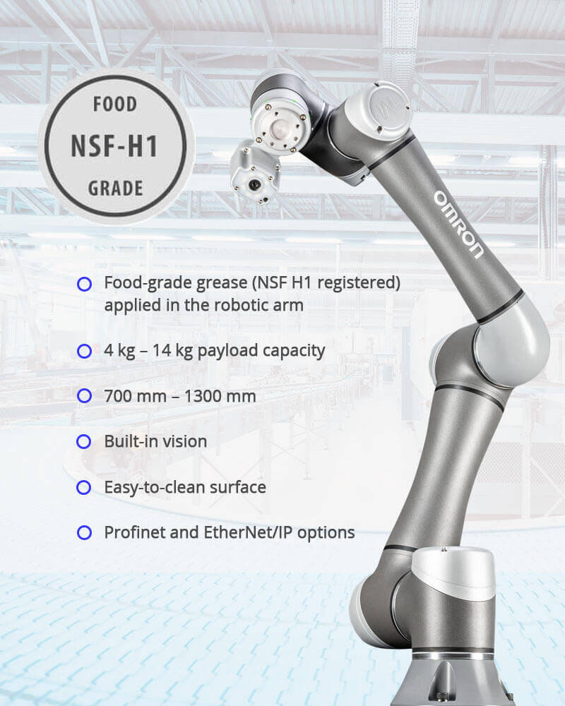 The OMRON TM Cobot allows customers to expand their material-handling possibilites and operate freely in a selected food-handling, packaging, and palletizing environment.