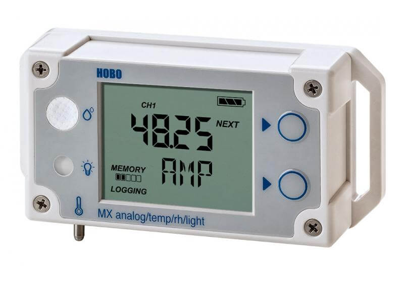 The HOBO MX1104 multi-channel data logger measures and transmits temperature, relative humidity, and light intensity data wirelessly. It also includes an external analog input to attach a variety of additional sensors