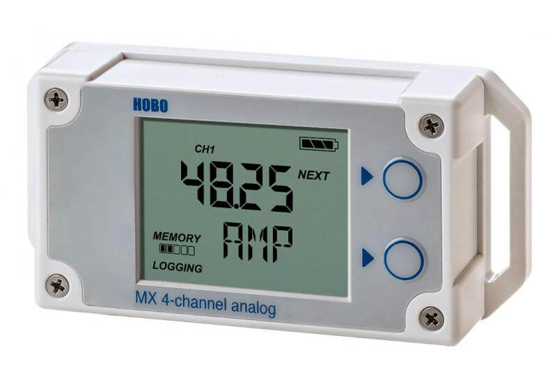 The HOBO MX1105 multi-channel data logger, with four-channel inputs, measures and transmits data wirelessly from a variety of sensors to your mobile device via Bluetooth technology