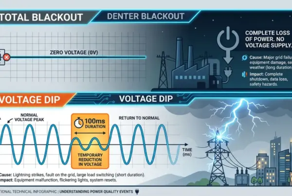 Voltage dip waveform diagram showing industrial power quality disruption and protection solutions