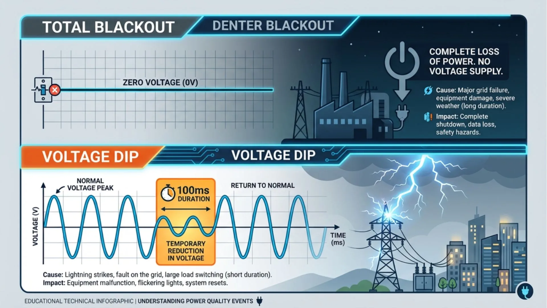 Voltage dip waveform diagram showing industrial power quality disruption and protection solutions