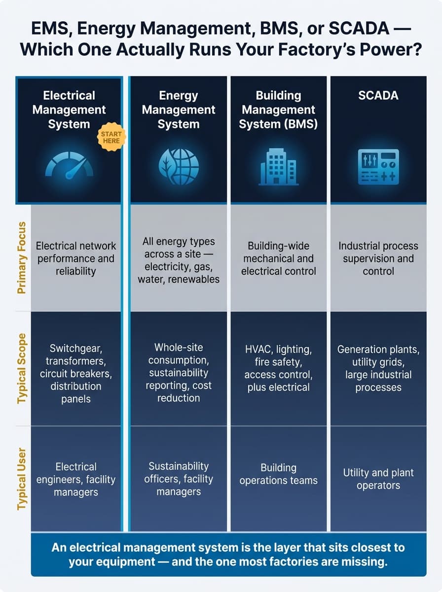 Electrical management system vs. energy management system vs. BMS vs. SCADA