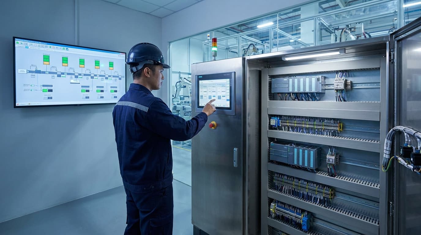 Control engineer using an HMI panel beside an open PLC cabinet, with a SCADA overview screen and production line in a Singapore plant